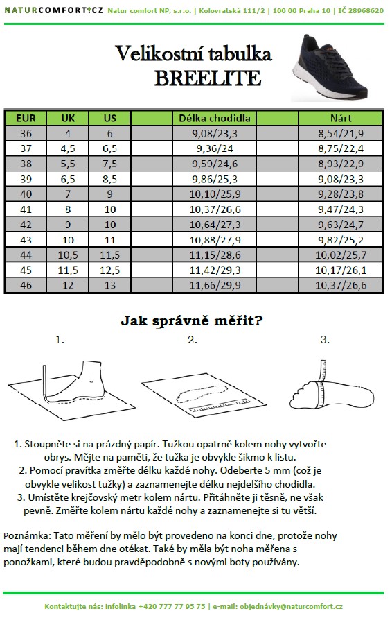 Tabulka velikostí BREELITE